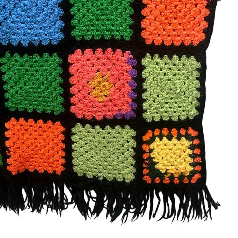 VTG Handmade Afghan Throw Blanket Roseanne Boho Fringe Black 73x35 OOAK Hippie
